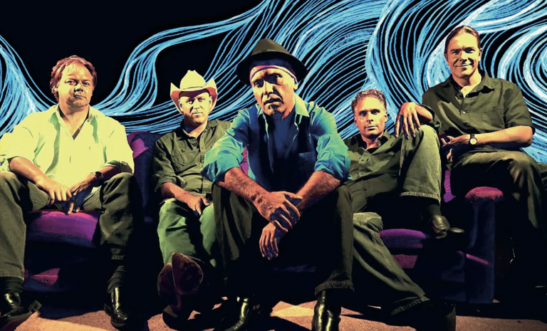 Adelaide blues rock band House of Blues five members posing seated together against a stylised blue graphic background for a promotional promo photo.